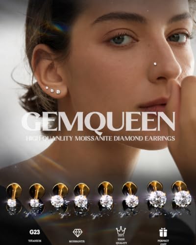 GEMQUEEN 8 PCS Moissanite ＆ Implant Grade G23 Titanium Nose Studs Flat Back Earrings Hypoallergenic : 14K Gold Plated Nose Rings 20G Push in Threadless Cartilage Helix Piercing Jewelry for Women Men - color: Gold| 18G(1.0MM)-Bar-6/8MM&Moissanite-2/3/4MM