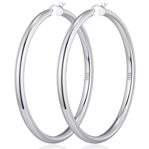 4mm Thick Gold Chunky Earrings Steling Silver Post Hoops Earrings For Women Hollow Tube Hoops Earrings Thick Gold Hoop Earrings Hypoallergenic Lightweight Gold Hoop Large Earrings 20/30/40/50/60MM - color: Silver,60mm