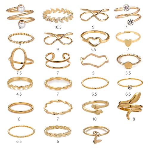 42-Piece Gold Tone Stackable Ring Set for Women, Boho Minimalist Stacking Rings with Crystal & Heart Accents, Adjustable Open Band Jewelry for Daily Wear - style: TZJ-003354-01