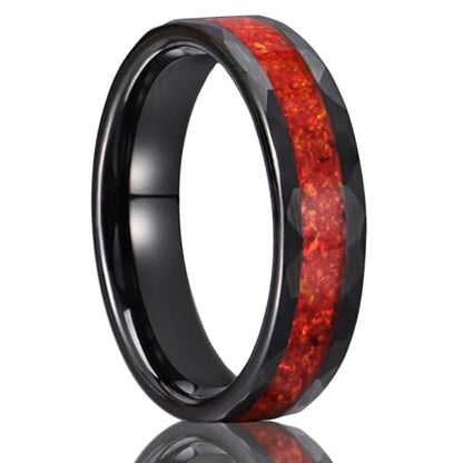 Tungsten Rings for Men Women 8mm/6mm Hammered Wedding Bands | Black and Red Men's Engagement Rings Inlaid with Red Opal High Polish, suitable for couples' anniversaries and everyday wear - color: 6mm black and red