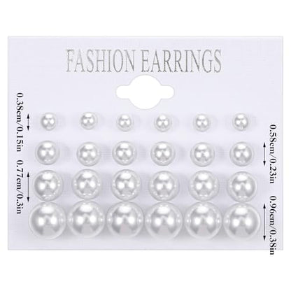 24 Pairs Pearl Studs Earrings for Women, Faux Simulated Pearl Earrings 4 Mixed Sizes Round Ball Pearls Stud Earring Set - color: White, Beige