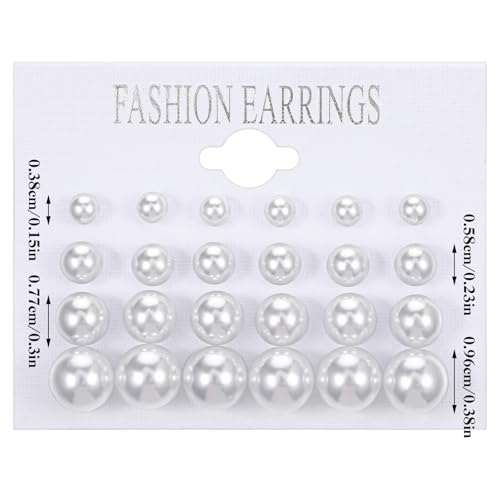 24 Pairs Pearl Studs Earrings for Women, Faux Simulated Pearl Earrings 4 Mixed Sizes Round Ball Pearls Stud Earring Set - color: White, Beige