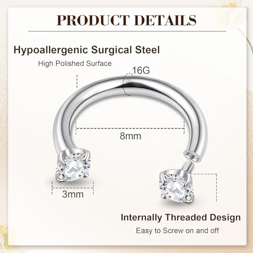 ONESING 20-30 Pcs Septum Rings 16G Septum Jewelry - Surgical Steel Piercings Horseshoe Helix Daith Smiley Tragus Lip Rings Nose Hoop Hinged Seamless Piercing Jewelry for Women Men - color: Silver/CZ Ball-16G-8mm
