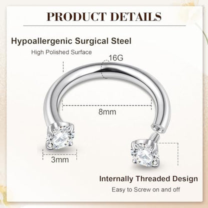 ONESING 20-30 Pcs Septum Rings 16G Septum Jewelry - Surgical Steel Piercings Horseshoe Helix Daith Smiley Tragus Lip Rings Nose Hoop Hinged Seamless Piercing Jewelry for Women Men - color: Silver/CZ Ball-16G-8mm
