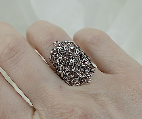 Filigranist 925 Sterling Silver Artisan Made Handcrafted Lace Embroidery Filigree Art Women Cocktail Statement Ring - style: Bold