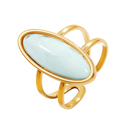 OIDIMS Fashion Geometric Oval Statement Ring for Women Gold-Tone Stainless Steel Dainty Faux Gemstone Adjustable Open Wedding Band Boho Trendy Comfirm Fit Wrap Finger Rings Cocktail Party Jewelry - color: Blue