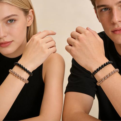 2PCS Agate Bracelet for Women Men Natural Round Beaded Agates Stone Healing Stretch Bracelets Elastic Handmade Polished Gemstone Beads Bracelet - color: Grey+Black, size: 6mm Beads