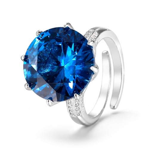 Large Round Gem 8-Prong Open Ring, 3 Colors Red Blue Aqua Green Triple Pave Silver Heavy Cocktail Ring for Women - color: blue