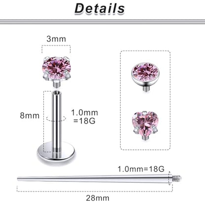 20G 18G 16G F316 Titanium Flat Back Nose Rings Studs Hypoallergenic Screw on Tragus Helix Cartilage Earrings Stud Piercing Jewerly for Women Men Bars 6mm - style: 18G Flat Back Nose Studs-bars 7mm-Pink CZ