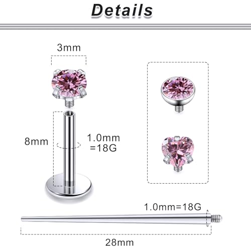 20G 18G 16G F316 Titanium Flat Back Nose Rings Studs Hypoallergenic Screw on Tragus Helix Cartilage Earrings Stud Piercing Jewerly for Women Men Bars 6mm - style: 18G Flat Back Nose Studs-bars 8mm-Pink CZ