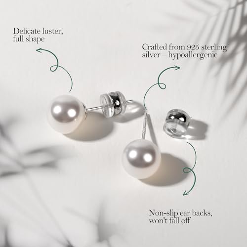 4 Pairs Pearl Stud Earrings Set for Women,925 Sterling Silver Hypoallergenic Earrings stud with Non-Slip Ear Backs,stud Round Large size Simulated pearl 6mm-12mm