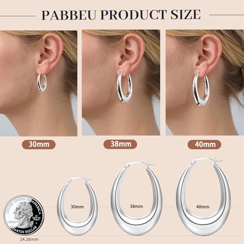 PABBEU Chunky Silver Hoops Earrings for Women Hypoallergenic | Lightweight 925 Sterling Silver Oval Hoop Earring, Sterling Silver Thick Hoop Earrings for Women Gift 25/28/30/38/40mm - color: 40mm Silver