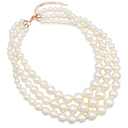 Rosemarie & Jubalee Women's 3 Colorful Multi Strands Simulated Pearl Necklace And Earrings Jewelry Gift Set, 18"+3" Extender - color: Cream Pearl Gold Tone