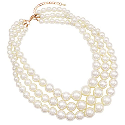 Rosemarie & Jubalee Women's 3 Colorful Multi Strands Simulated Pearl Necklace And Earrings Jewelry Gift Set, 18"+3" Extender - color: Cream Pearl Gold Tone