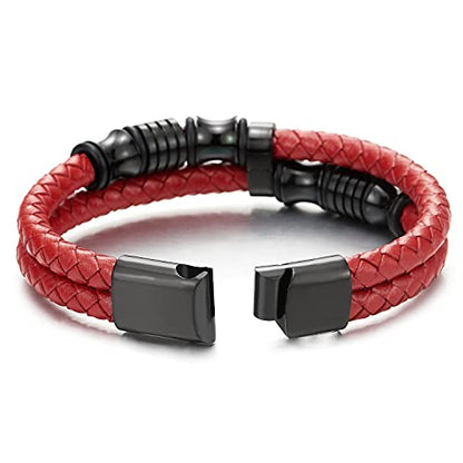 COOLSTEELANDBEYOND Mens Double-Row Braided Leather Bracelet Bangle Wristband with Black Stainless Steel Ornaments - color: K-Red