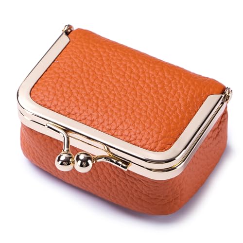 Genuine Leather Mini Jewelry Box - Vintage-Inspired Travel Jewelry Organizer with Kiss Lock, Compact Ring Box for Women, Perfect for Earrings, Rings, Necklaces, Bracelets (B Orange) - color: Orange L 2.95in