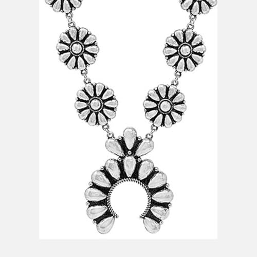 Rosemarie & Jubalee Women's Western Chunky Squash Blossom Statement Necklace,Burnished Silver Rolo Chain, Lobster Clasp, 22+3