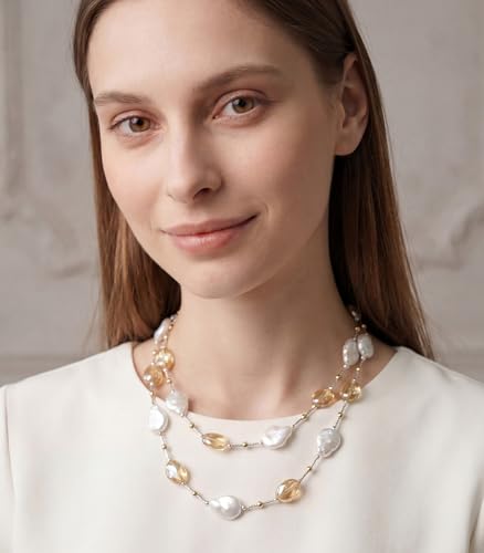 Errally Long Pearl Necklace and Earring Set Layered Pearl Beaded Necklaces for Women White Costume Jewelry Sets Gifts for Mom - color: 14-Champagne