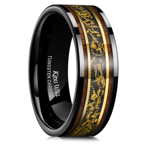 King Will Wood Wedding Band Wood Inlay for Men - color: Black & Gold-8mm