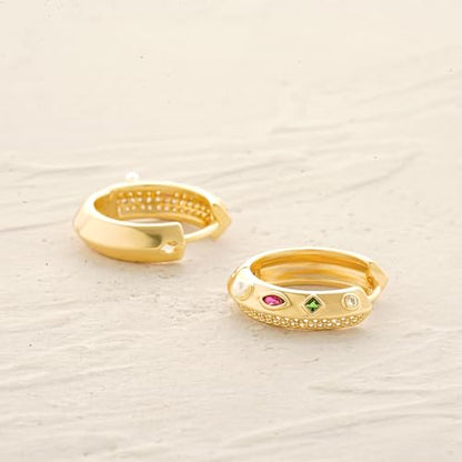 Women Gold Earrings Huggie Hoop Cubic Zirconia 14K Gold Plated Small Simple Hypoallergenic Everyday Jewelry - style: Ridge Rainbow