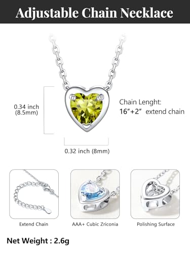 Silvora Heart/Round Birthstone Necklace for Women, Sparkling Crystal Pendant, Dainty Birth Month Jewelry, Adjustable 16"+2" Chain - color: Silver, style: August Heart