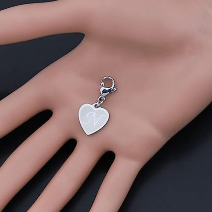 FAADBUK Initial Letter A-Z Alphabet Heart Charms for Jewelry Bracelet Keychain Necklace Initial Stainless steel Clasp Clip on Charm - color: intial N