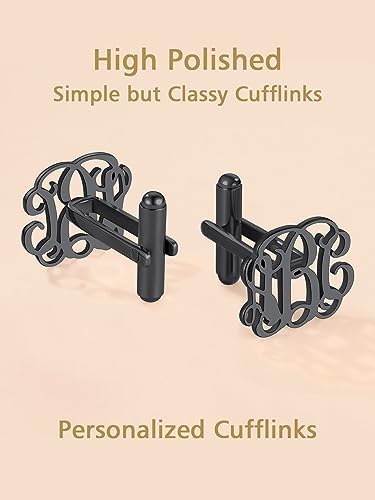 FindChic Stainless Steel Round Cufflinks with Custom Text/Picture/Monogram Letters 18K Gold Plated/Black Color for Men Groom Suits Shirts, with Gift Box - style: 04. custom 3 monograms (black)