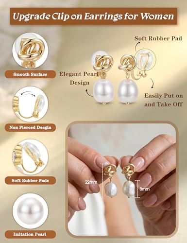 CASSIECA Clip on Earrings Women Pearl Earrings Hypoallergenic 14K Gold Plated Non Pierced Earring Comfortable Fake Drop Dangle Cubic Zirconia Lightweight Pearl Accessories Jewelry Gift Knot