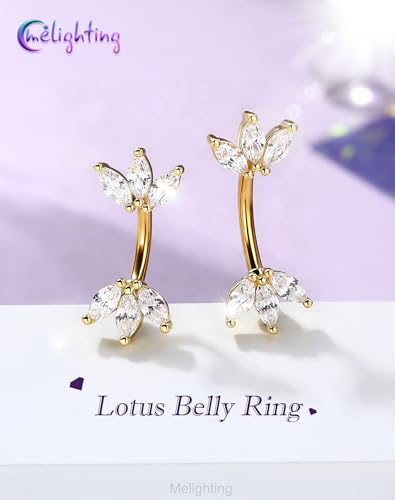 Melighting 14G Gold Lotus Belly Button Ring, Double CZ Navel Ring 316L Surgical Stainless Steel Marquise 5A CZ Steel Belly Bar 8 mm/10 mm - color: Gold, size: 14g8mm
