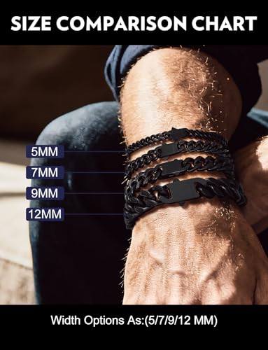 Bandmax Mens Hip Hop Cuban Link Bracelets 5/7/9/12MM Stainless Steel Miami Curb Chain Bracelet Silver/Gold Plated/Black Wristlet Chains for Men 7"-9" - color: 11 12MM-Black
