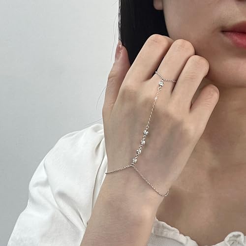 Kakikaki 925 Sterling Silver Finger Ring Bracelet Hand Chain for Women | Slave Bracelets 7" to 9" Adjustable - color: Silver, style: 5 Diamond
