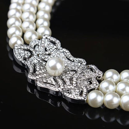 Multi Layer Bridal Jewelry Set Faux Pearl Necklace Earrings Bracelet Rhinestone Floral Choker Prom Necklace for Wedding bridal Bridesmaid (3 Piece)