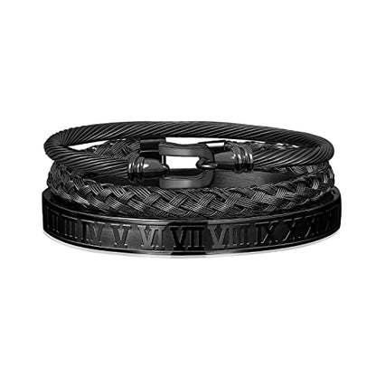 WFYOU 3PCS Stainless Steel Imperial Crown Bracelets for Men Gold Roman Numeral Bangle Bracelet Adjustable Cuff Bracelet Mens Luxury Jewelry Gifts - style: 07:Black-Hook
