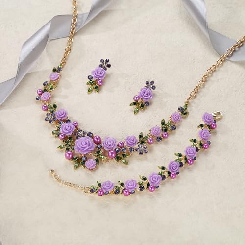 EVER FAITH Costume Jewelry Crystal Simulated Pearl Rose Flower Leaf Prom Party Statement Necklace Earrings Bracelet Set for Women - color: Purple Gold-Tone