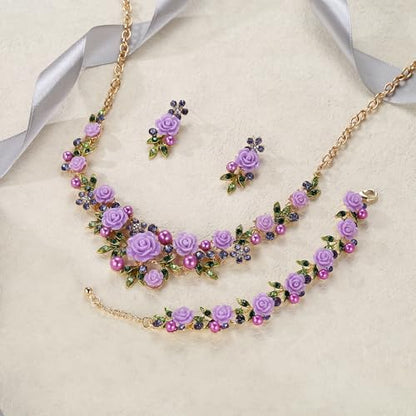 EVER FAITH Costume Jewelry Crystal Simulated Pearl Rose Flower Leaf Prom Party Statement Necklace Earrings Bracelet Set for Women - color: Purple Gold-Tone