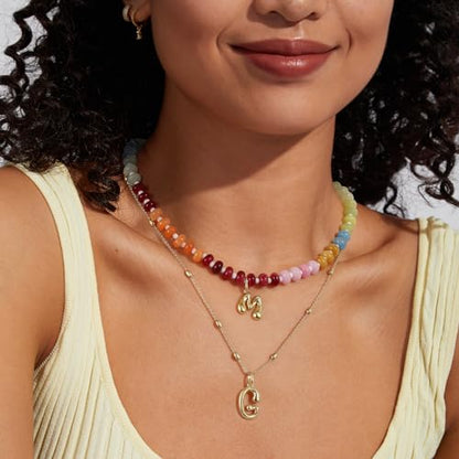 KissYan Initial Necklaces for Women, Colorful Beaded Gemstone Choker 14K Gold Bubble Letter Pendant Necklace Natural Stone Summer Beach Handmade Jewelry Gift - color: Red, style: Letter Q
