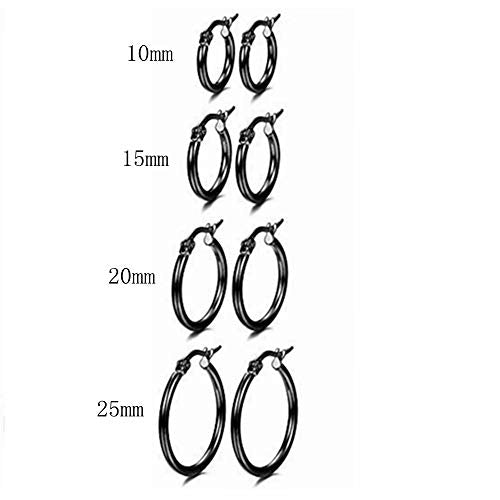 4 Pairs Stainless Steel Round Hoop Cute Huggie Earrings For Women Small Hoop Earring Set(10mm,15mm,20mm,25mm) - color: Black Tone-4Pairs