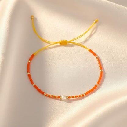 Boho Colorful Glass Gold Plated Seed Beaded Bracelets or Women, Handmade Romantic Freshwater Pearl Adjustable String Braided Rope Jewelry, Summer Beach Daily Party Friendship Gift - color: Orange