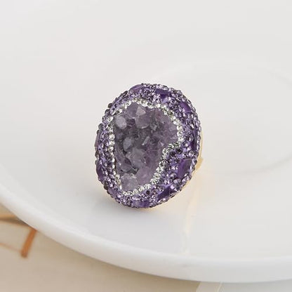 HZMAN Natural Stone Statement Ring for Women, Crystal Paved Bold Cocktail Ring, Adjustable Gold Tone Fashion Jewelry - color: Amethyst Druzy Stone