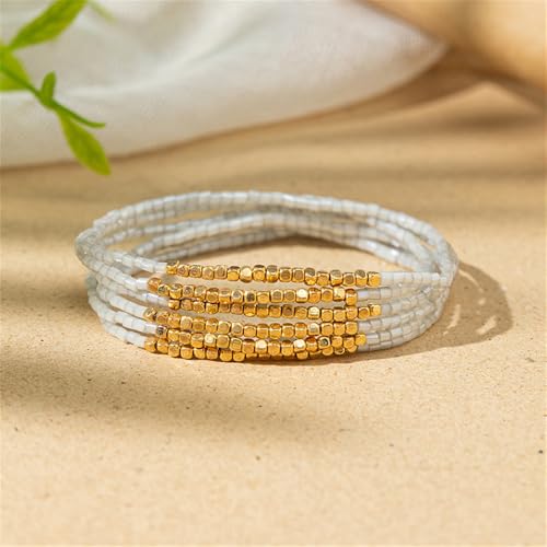 Boho Stackable Seed Beaded Bracelet Set for Women Colorful Multilayered Gold Beads Stretch Bracelets Summer Beach Bohemian Jewelry Gift - color: Grey