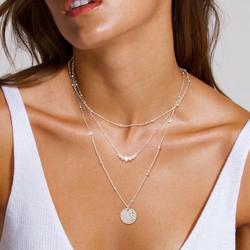 Layered Gold Silver Necklaces for Women, Stackable Stack 14K Real Gold Plated Silver Chain Necklace Diamond Circle CZ Layering Pendant Necklaces Trendy Gold Jewelry Set Gifts - color: silver, style: 3PC-CZ