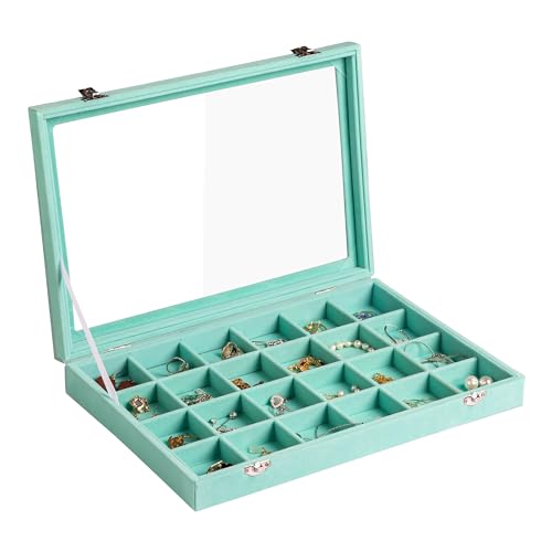 Frebeauty 24 Grid Earring Organizer,Velvet Jewelry Tray with Clear Lid | Drawer Jewelry Organizer for Rings Studs Brooch,Adjustable Divider,Dustproof Design,Earring Storage,Trinket Box,13.8×9.5Inch - color: Turquoise, size: 24 Grid