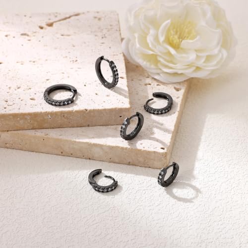 micuco 3 Pairs Small Hoop Earrings Tiny Cartilage Earrings for Women Men | Cubic Zirconia Earrings Huggie Hoop Ear Piercing Earrings for 8mm 10mm 12mm - color: 8# Black 8-10-12mm