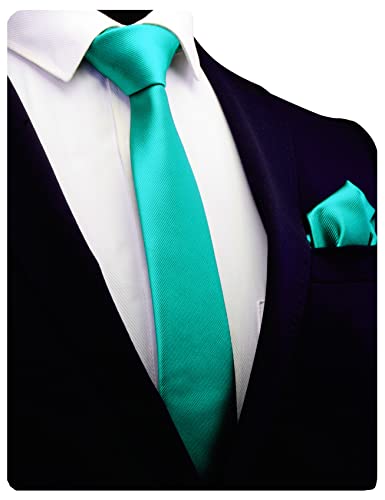 GUSLESON 2.4" Slim Necktie and Handkerchief Set For Men Solid Skinny Tie Set - color: Aqua