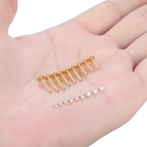Xpircn Flat Back Stud Earrings 14K Gold Plated Internally Threaded CZ Stud Piercing Jewelry for Tragus Helix Cartilage Conch Nose Hypoallergenic Lip Labret Medusa Piercing 16G 18G - color: 18 Gauge, Gold, size: Mixed (8/10/12mm) Bar