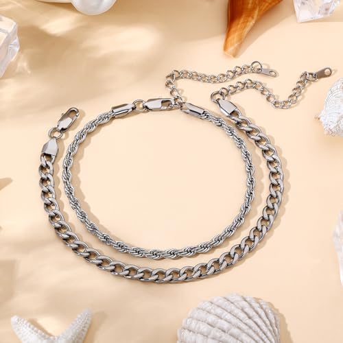 2PCS Ankle Bracelets for Women - Gold/Silver Plated Stainless Steel Anklets Set - Waterproof Layered Cuban Link Chain Anklet Bracelet Summer Beach Foot Jewelry Gifts for Women - color: Style 3-Silver