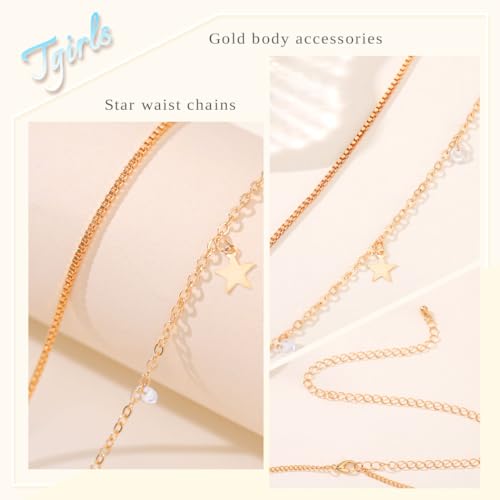 Tgirls Gold Waist Chain for Women Rhinestone Layered Belly Chains Beads Body Chain Heart-Shaped Beach Body Jewelry for Summer - style: Star 1