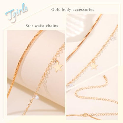 Tgirls Gold Waist Chain for Women Rhinestone Layered Belly Chains Beads Body Chain Heart-Shaped Beach Body Jewelry for Summer - style: Star 1