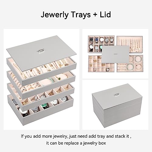 Voova Stackable Jewelry Organizer Tray with Lid (Set of 4, Gray) | Stackable PU leather jewelry trays with drawer inserts for earrings, rings, necklaces, bracelets and watches; set of 4 - color: Grey