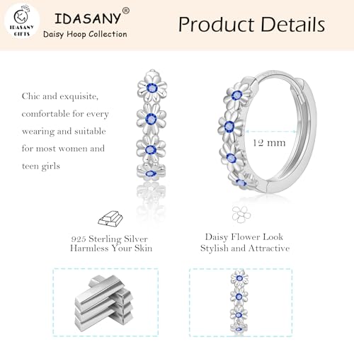 Sterling Silver Hoop Earrings for Women, Dainty Small Huggie Hoop Earrings | Hypoallergenic Daisy Color Cubic Zirconia Flower Hoops Earring Jewellery Gifts for Ladies Birthday Wedding, 12mm Hoop - color: Sapphire